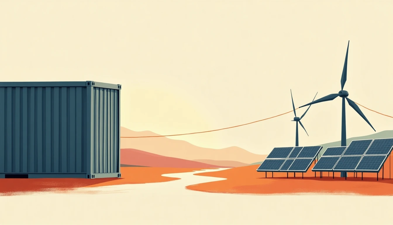 Editoriale illustratie: industriële batterij-opslag links, verbonden met windturbine en zonnepanelen rechts, met een onderbroken energielijn als symbool voor het ontbrekende financieringsspoor.