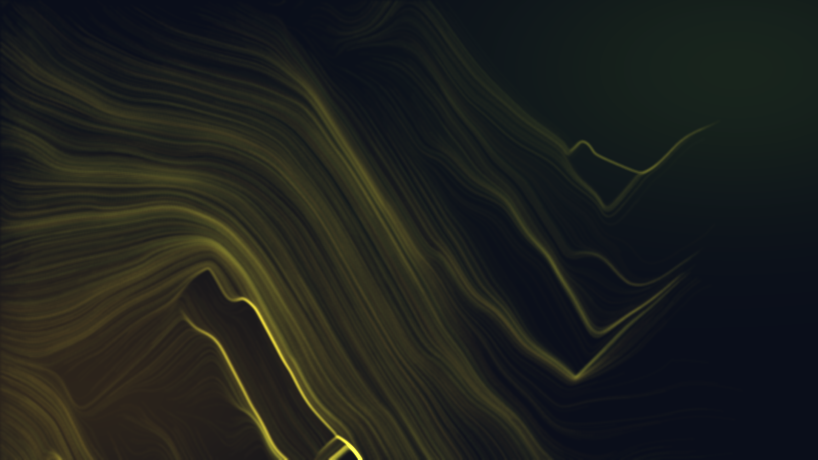 Abstract stroomveld in amber en limoen op donkere achtergrond, dat een dalende kostencurve en moleculaire beweging suggereert