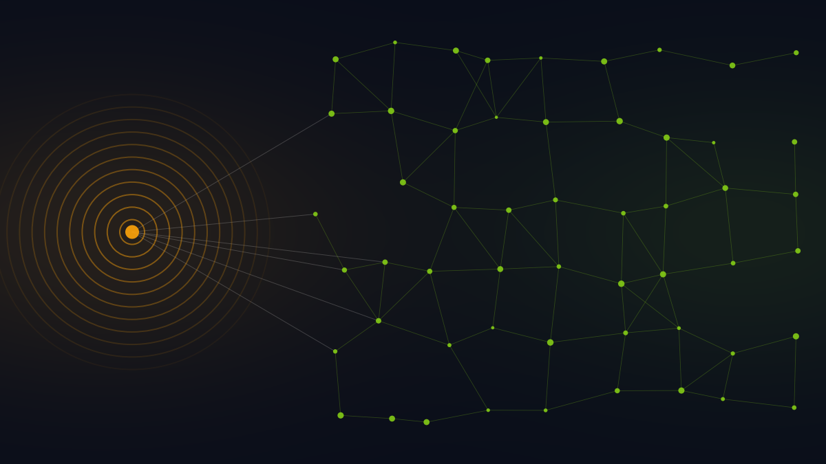 Een centrale amberkleurige knoop met concentrische ringen, verbonden met een verspreid netwerk van kleine groene knopen